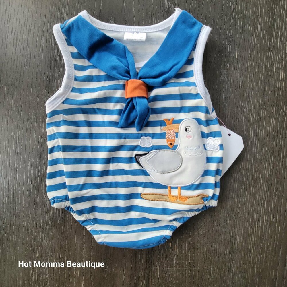 Infant Blue and White Stripe Seagull Bubble Romper. 6M